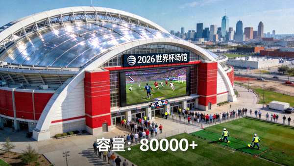 达拉斯AT&T体育场巨大拱顶与高清屏幕，2026世界杯场馆，容量超8万