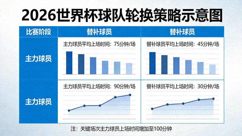 2026世界杯轮换策略示意图，展示球队如何在小组赛和淘汰赛阶段分配主力与替补球员的上场时间