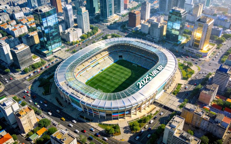 2026世界杯场馆航拍图，现代化球场周围环绕城市景观，草坪整齐