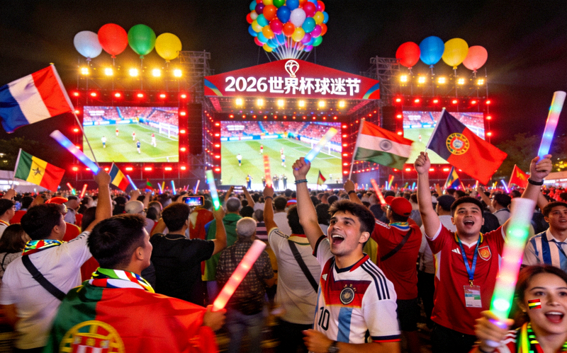 2026世界杯球迷节现场，大量球迷聚集在大屏幕前观赛，气氛热烈
