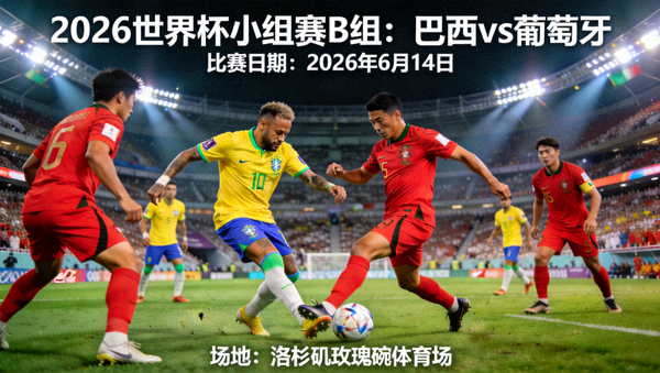2026世界杯小组赛B组：巴西对阵葡萄牙，比赛日期2026年6月14日，场地为洛杉矶玫瑰碗体育场
